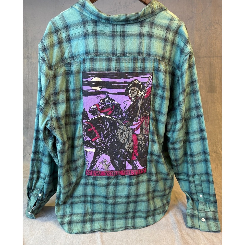 NEW YORK FILTHY Mens Flannel Shirt Pirate Skull Patch Punk Green Plaid   Large